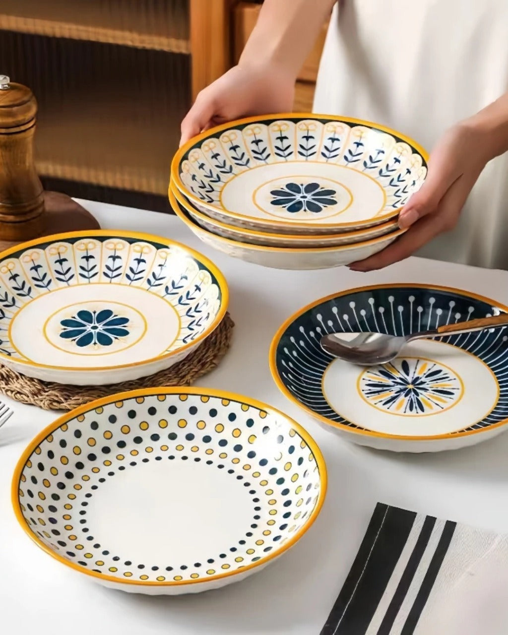 4 Pratos de Cerâmica em Relevo Design Japonês para Mesa Posta