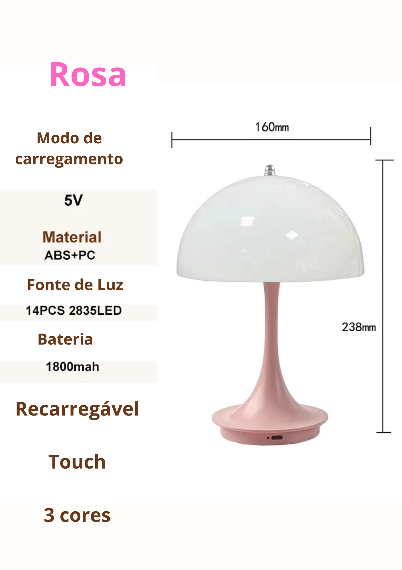 Candeeiro de Mesa Cogumelo LED 3 Cores