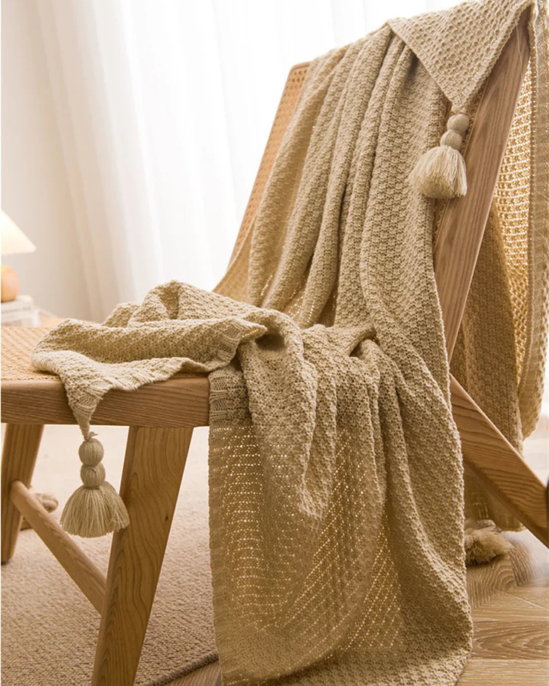 Cobertor de Malha Waffle com Borlas Macio, Aconchegante e Versátil