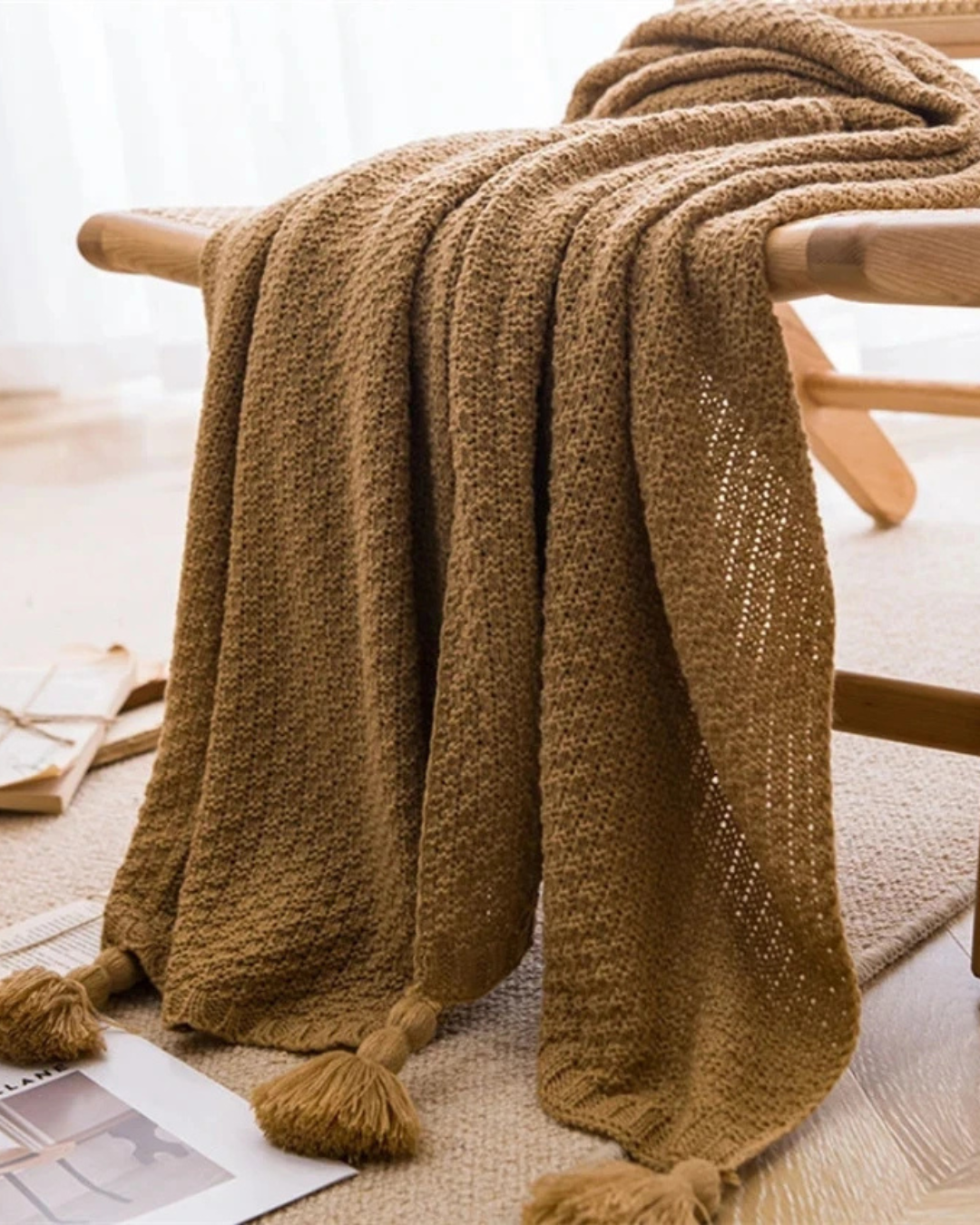 Cobertor de Malha Waffle com Borlas Macio, Aconchegante e Versátil