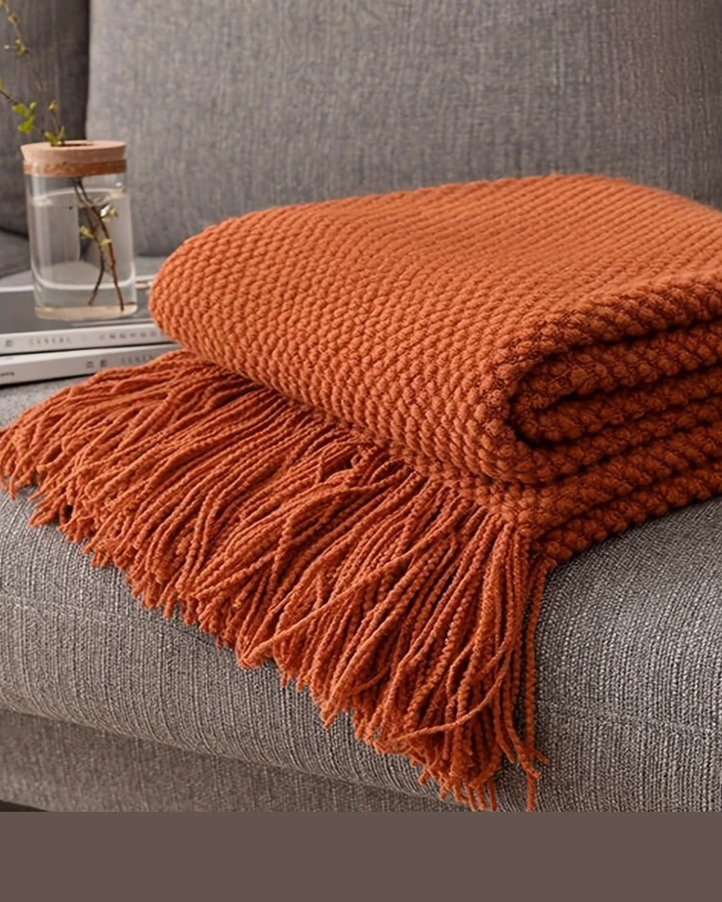 Cobertor de Malha com Borlas Laranja Morandi Macio e Aconchegante para Sofá Cama ou Viagem