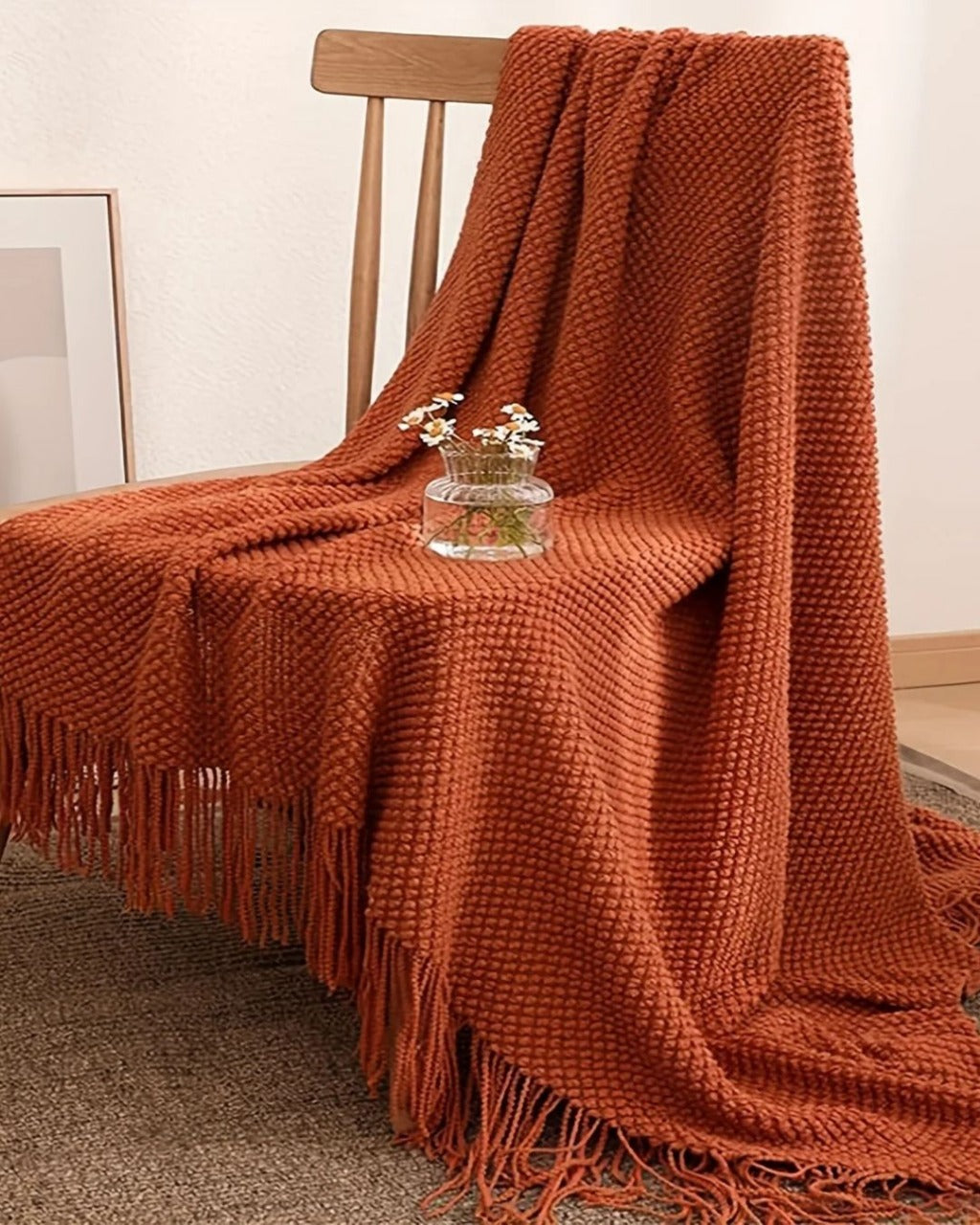 Cobertor de Malha com Borlas Laranja Morandi Macio e Aconchegante para Sofá Cama ou Viagem