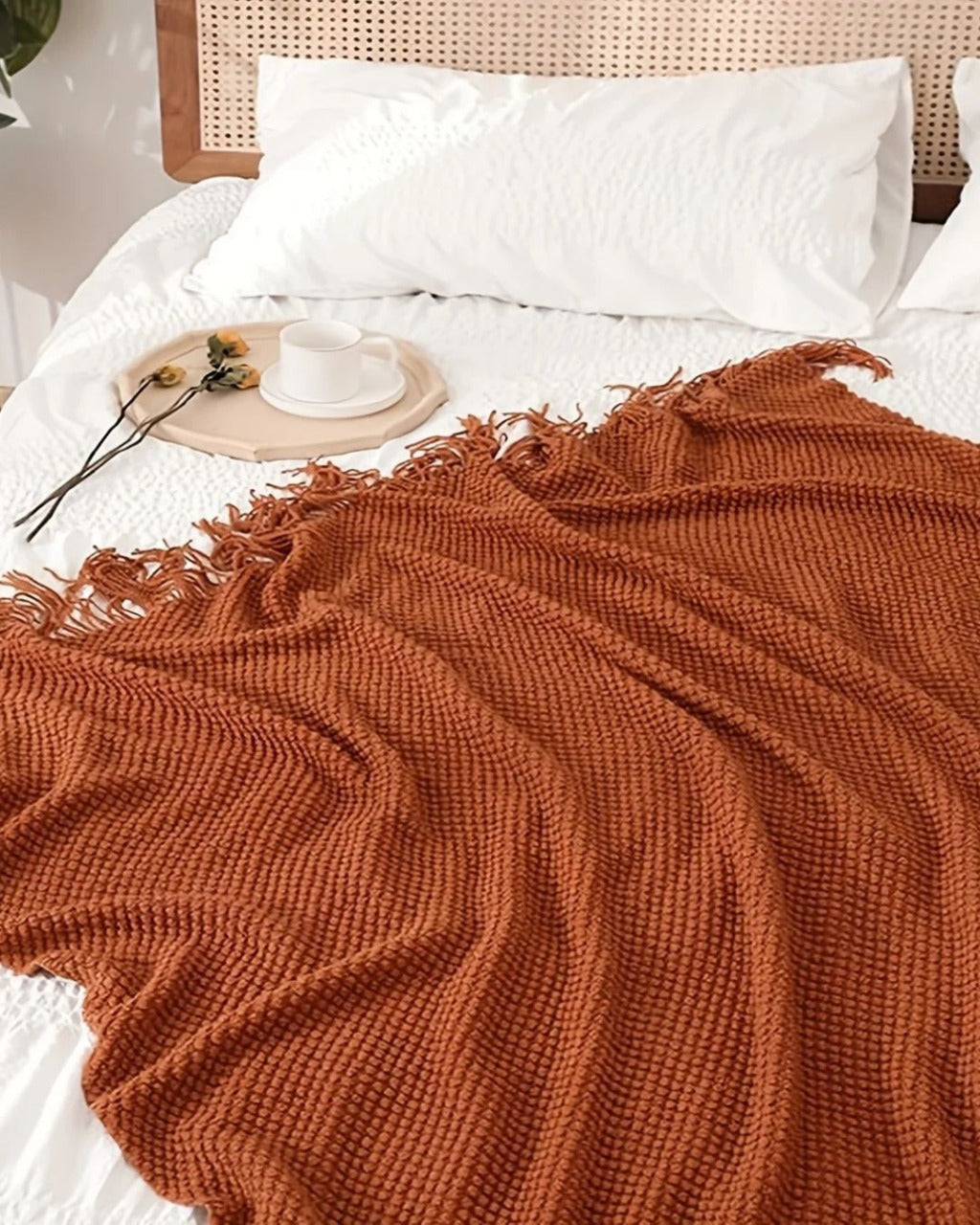 Cobertor de Malha com Borlas Laranja Morandi Macio e Aconchegante para Sofá Cama ou Viagem