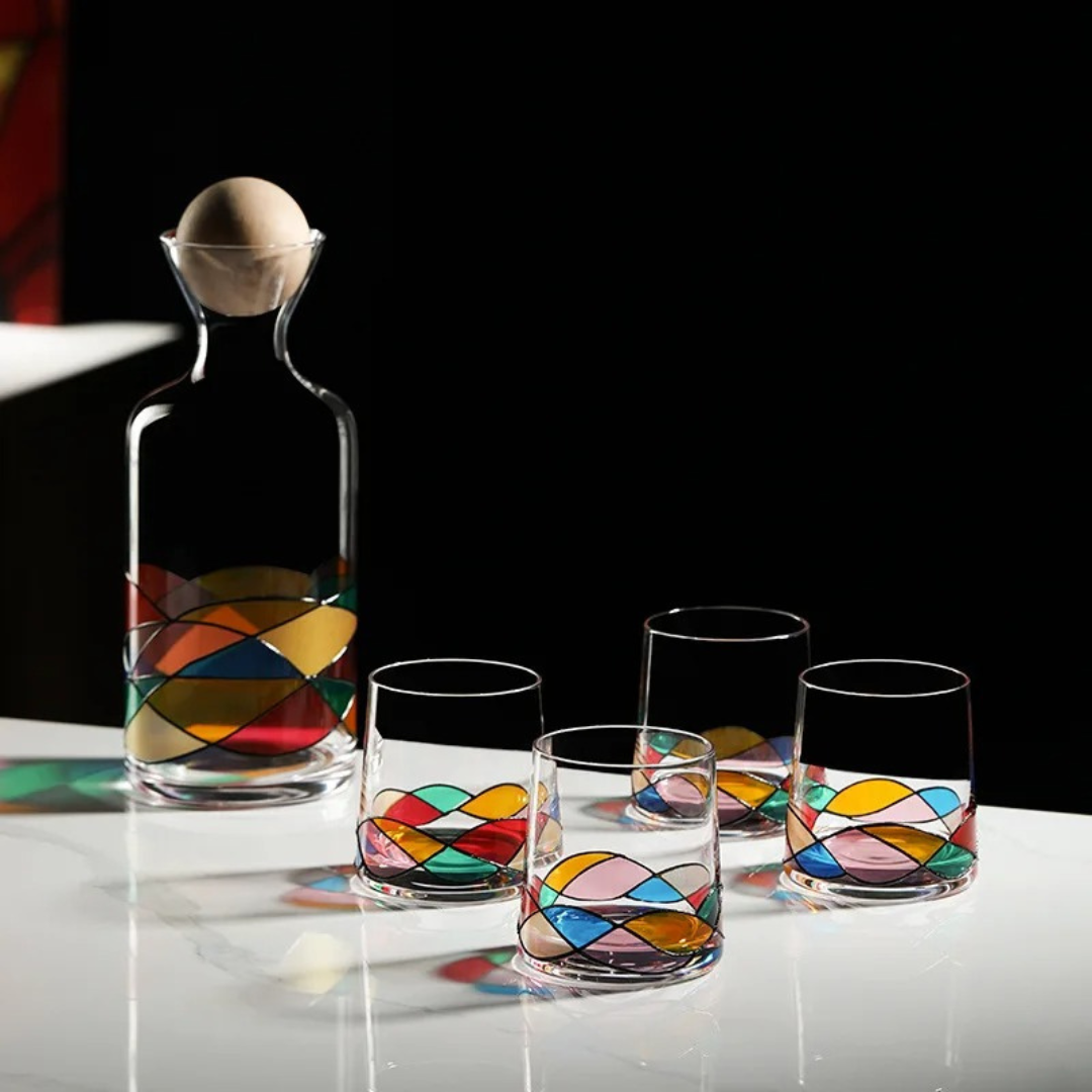 Conjunto de Garrafa e 4 Copos de Vidro Colorful