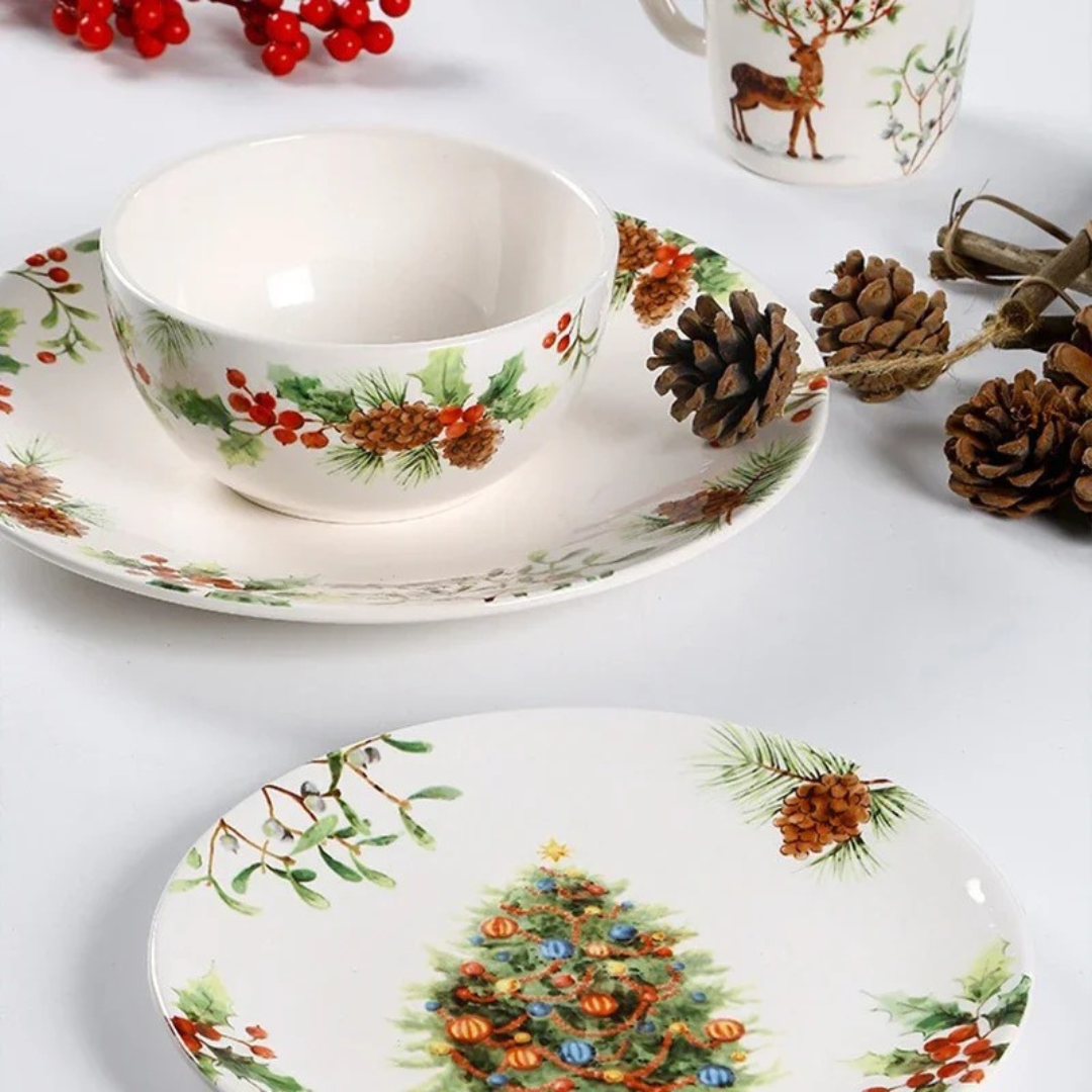 Conjunto de Louça Cerâmica Natalina com Pratos, Bowl e Xícaras