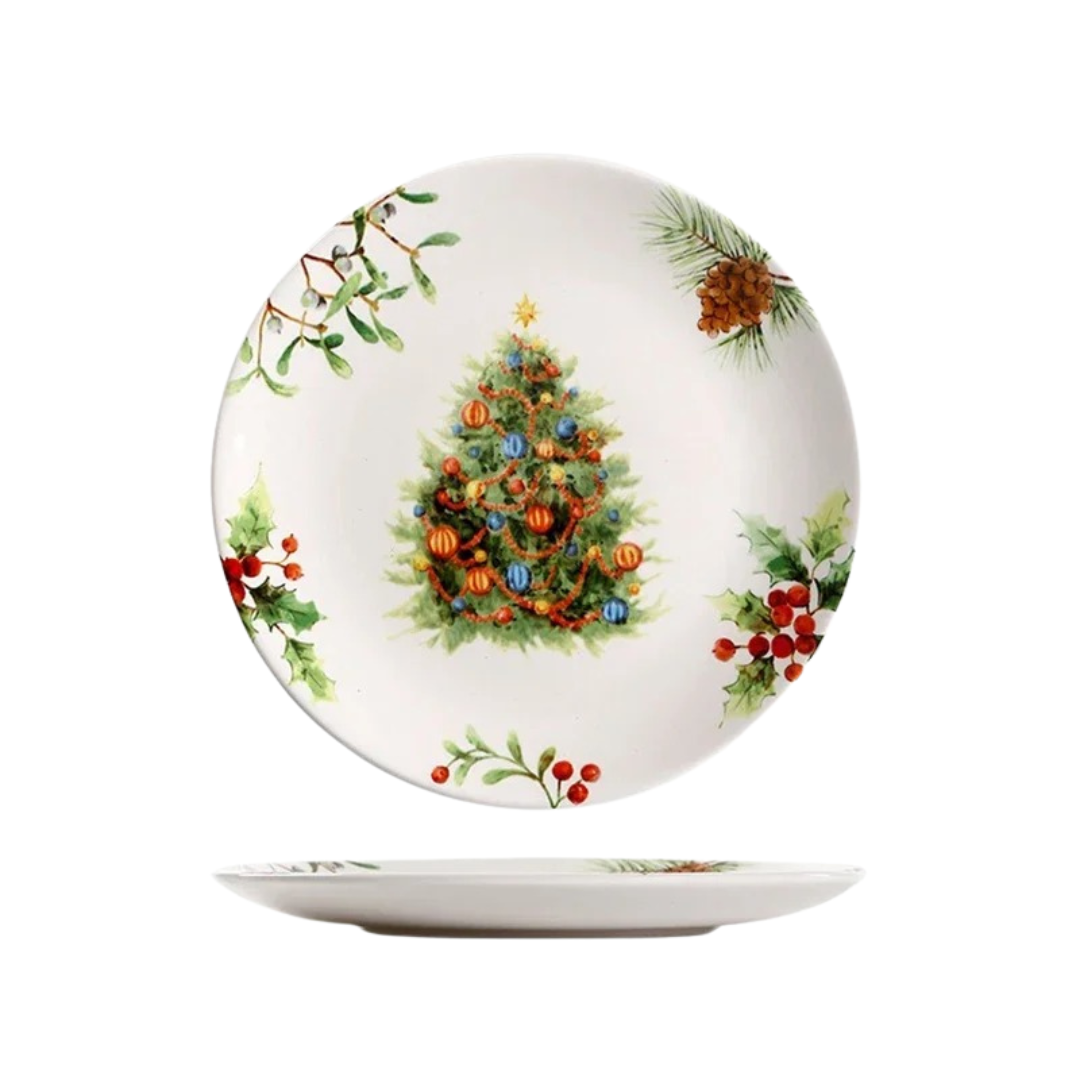 Conjunto de Louça Cerâmica Natalina com Pratos, Bowl e Xícaras