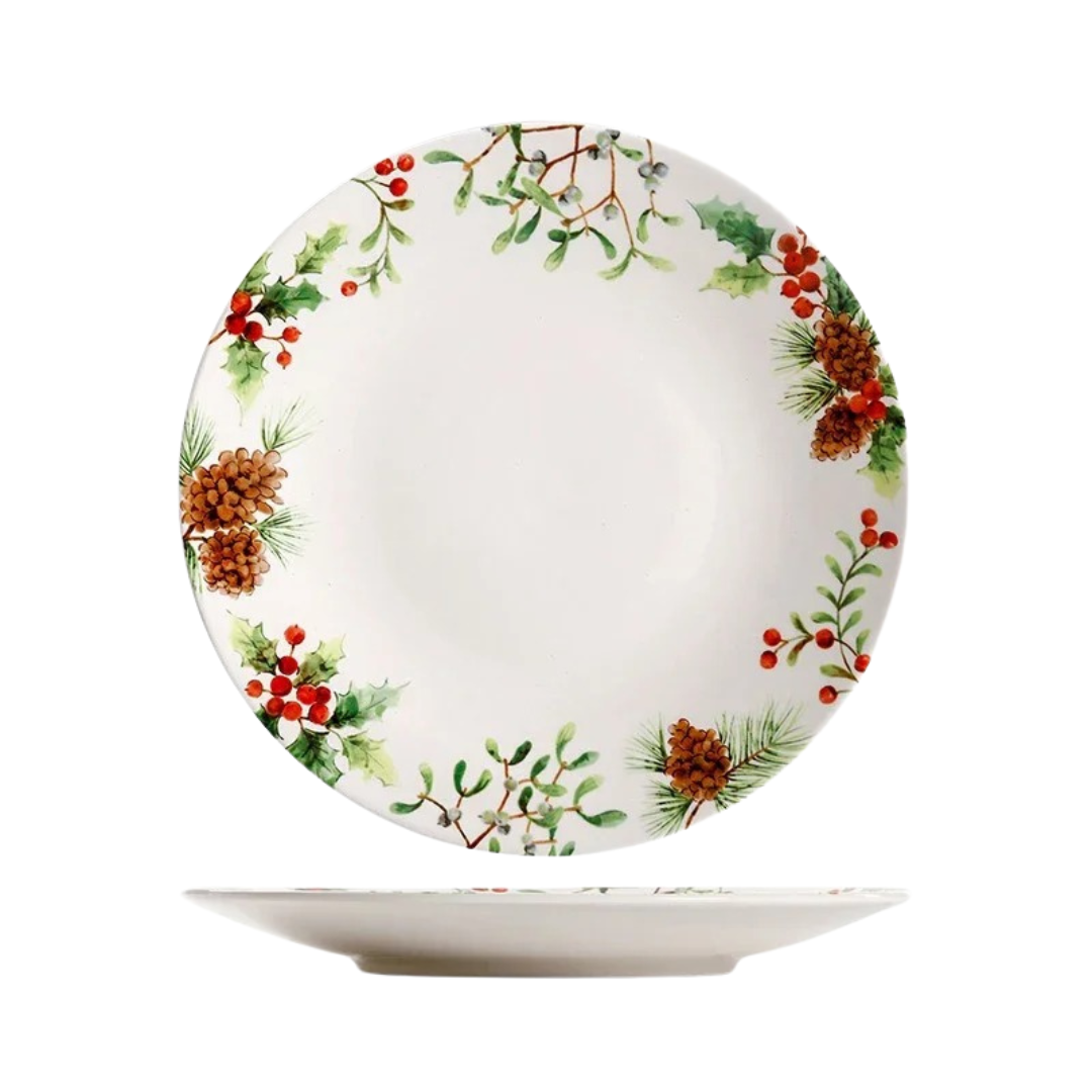 Conjunto de Louça Cerâmica Natalina com Pratos, Bowl e Xícaras