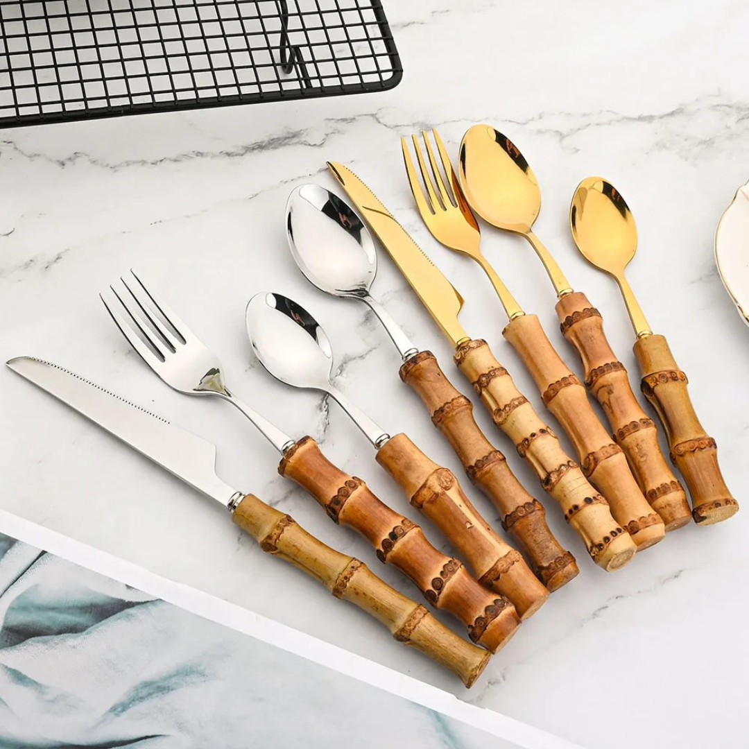 Conjunto de Talheres de 24 Peças com Cabo de Bambu em Aço Inoxidável