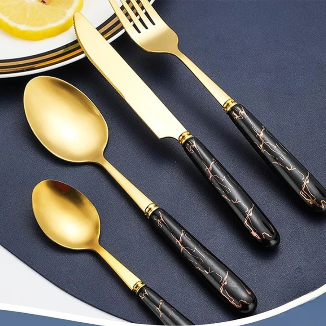 Conjunto de Talheres Marmorizado 24 Peças em Aço Inoxidável
