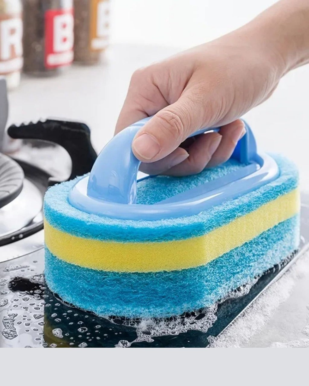 Escova de Limpeza com Alça e Cabeça de Esponja Para Cozinha e Banheiro