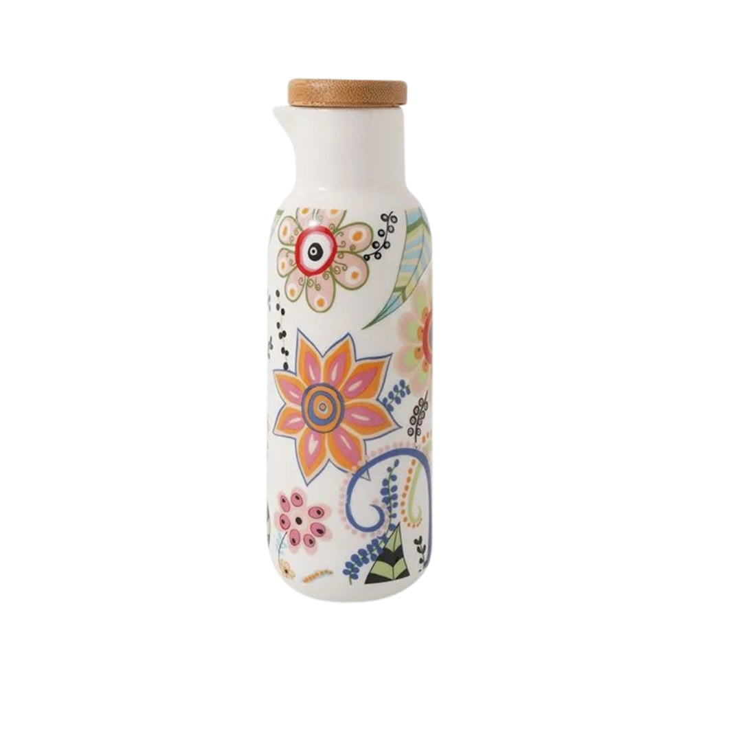 Garrafa de Azeite com Estampa de Flores Vintage em Cerâmica