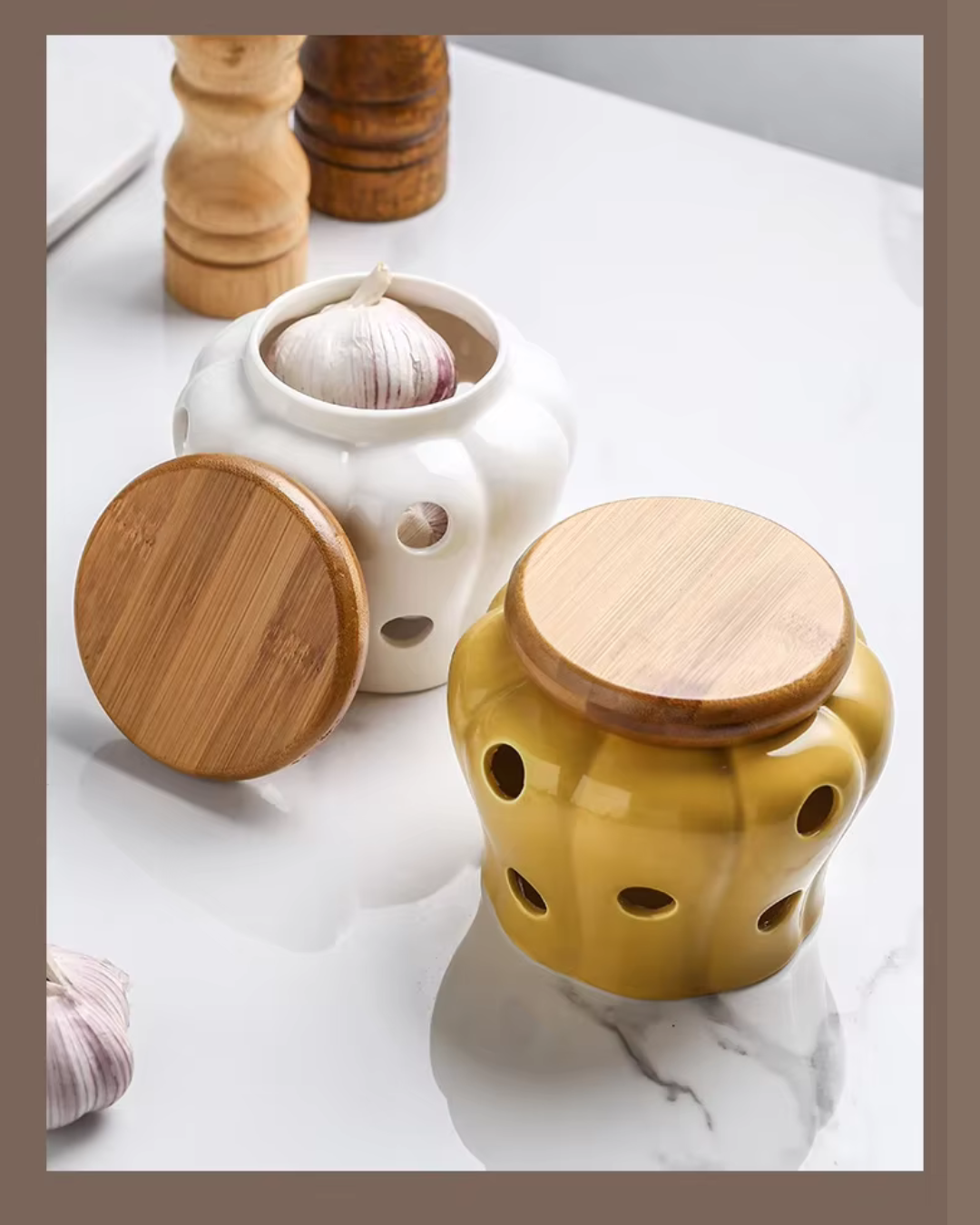Jarra de Armazenamento de Alho em Cerâmica Oca com Tampa em Forma de Abóbora