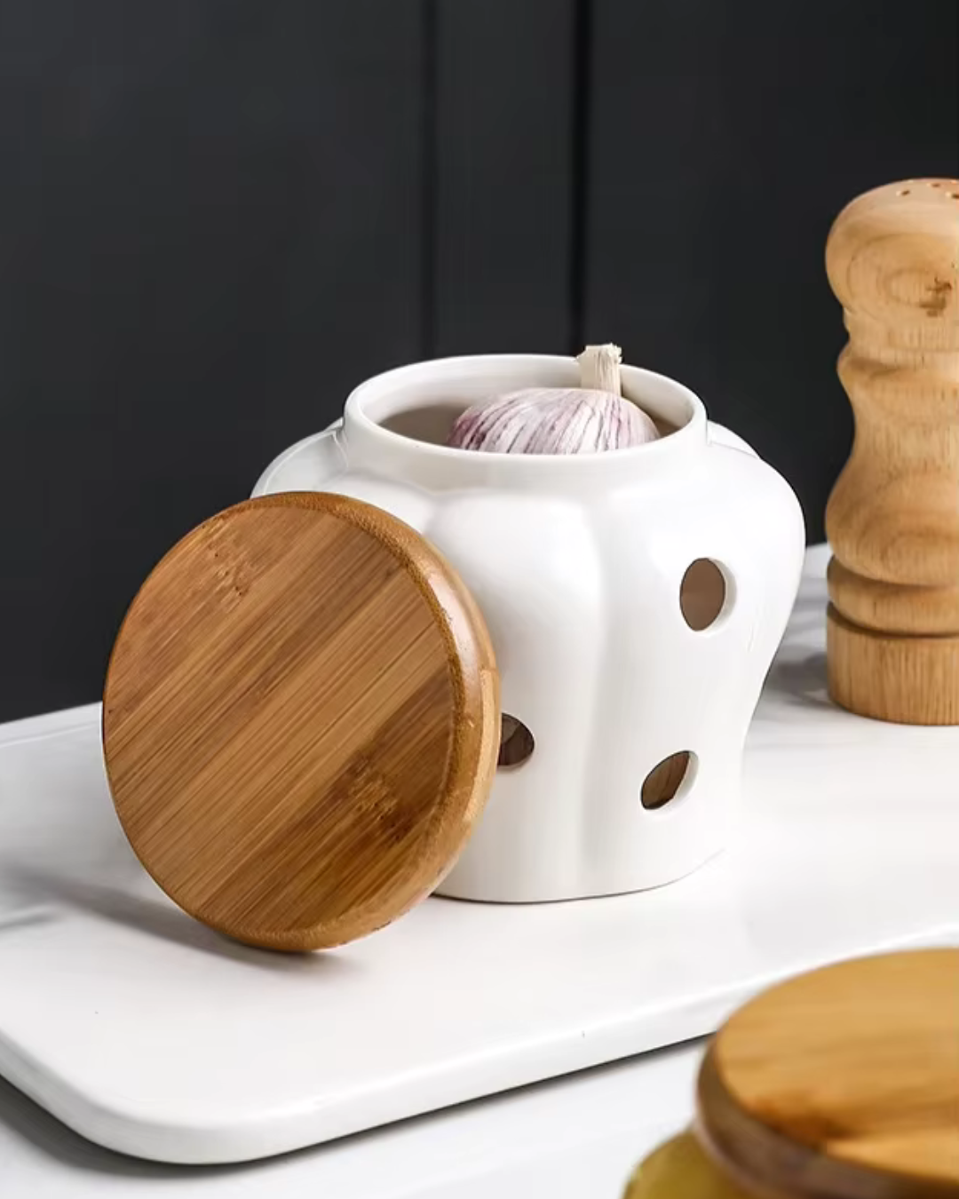 Jarra de Armazenamento de Alho em Cerâmica Oca com Tampa em Forma de Abóbora