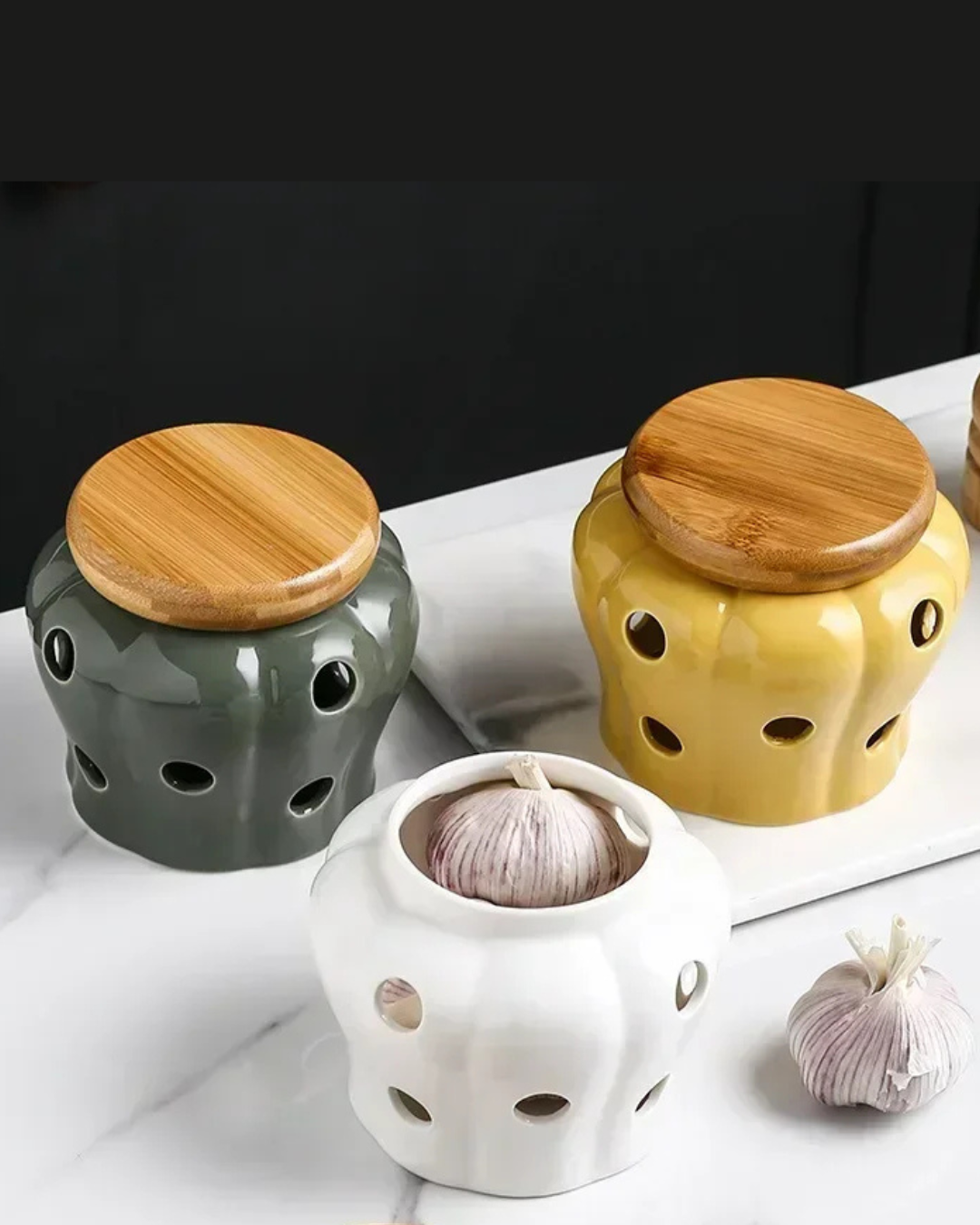 Jarra de Armazenamento de Alho em Cerâmica Oca com Tampa em Forma de Abóbora