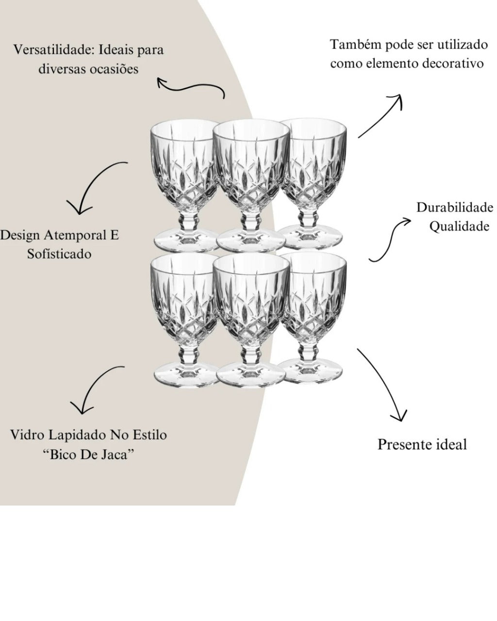 Jogo de 6 Taças Diamante de Vidro para Água Drinks e Vinhos