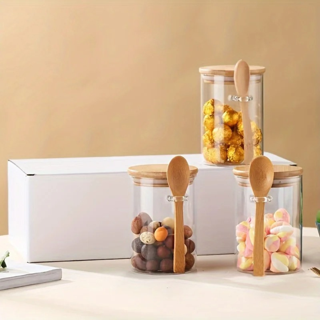 Pote de Armazenamento de Vidro com Tampa de Bambu Selada