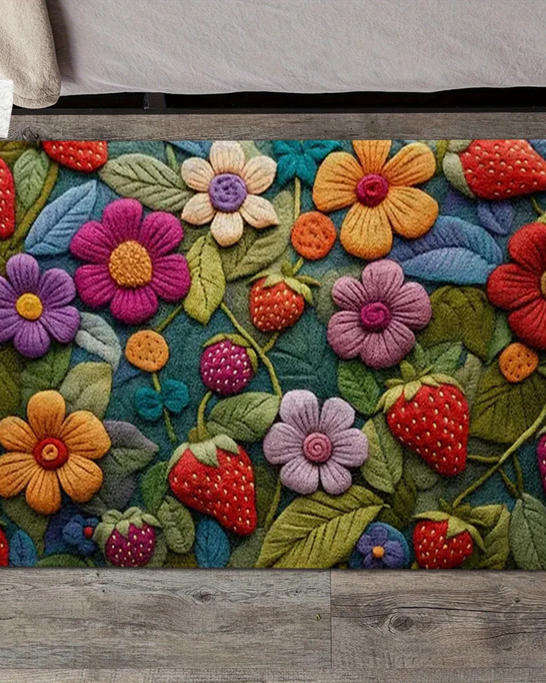 Tapete 3D Morango com Flor Macio, Antiderrapante e Decorativo