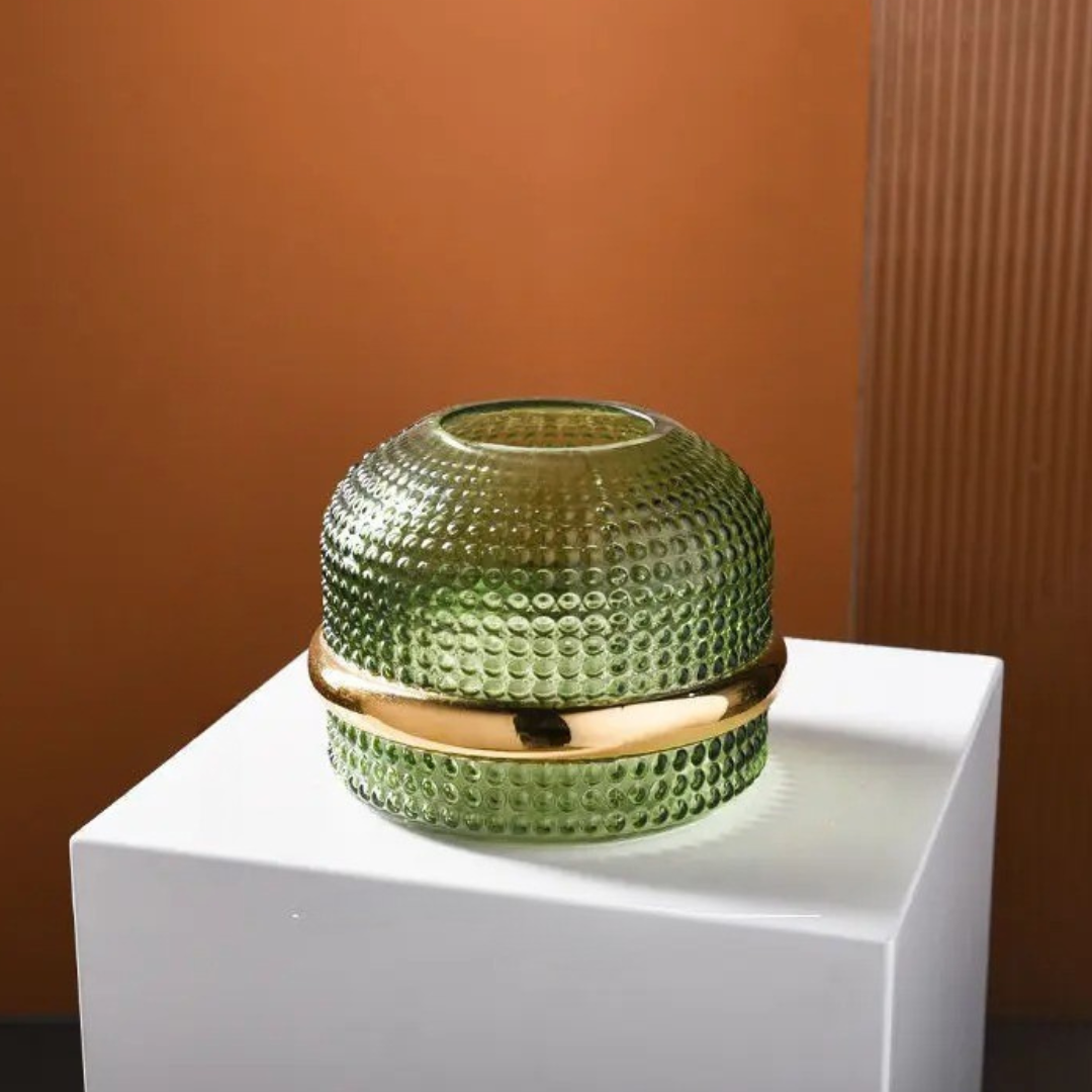 Vaso de Vidro Verde Escuro com Borda Dourada