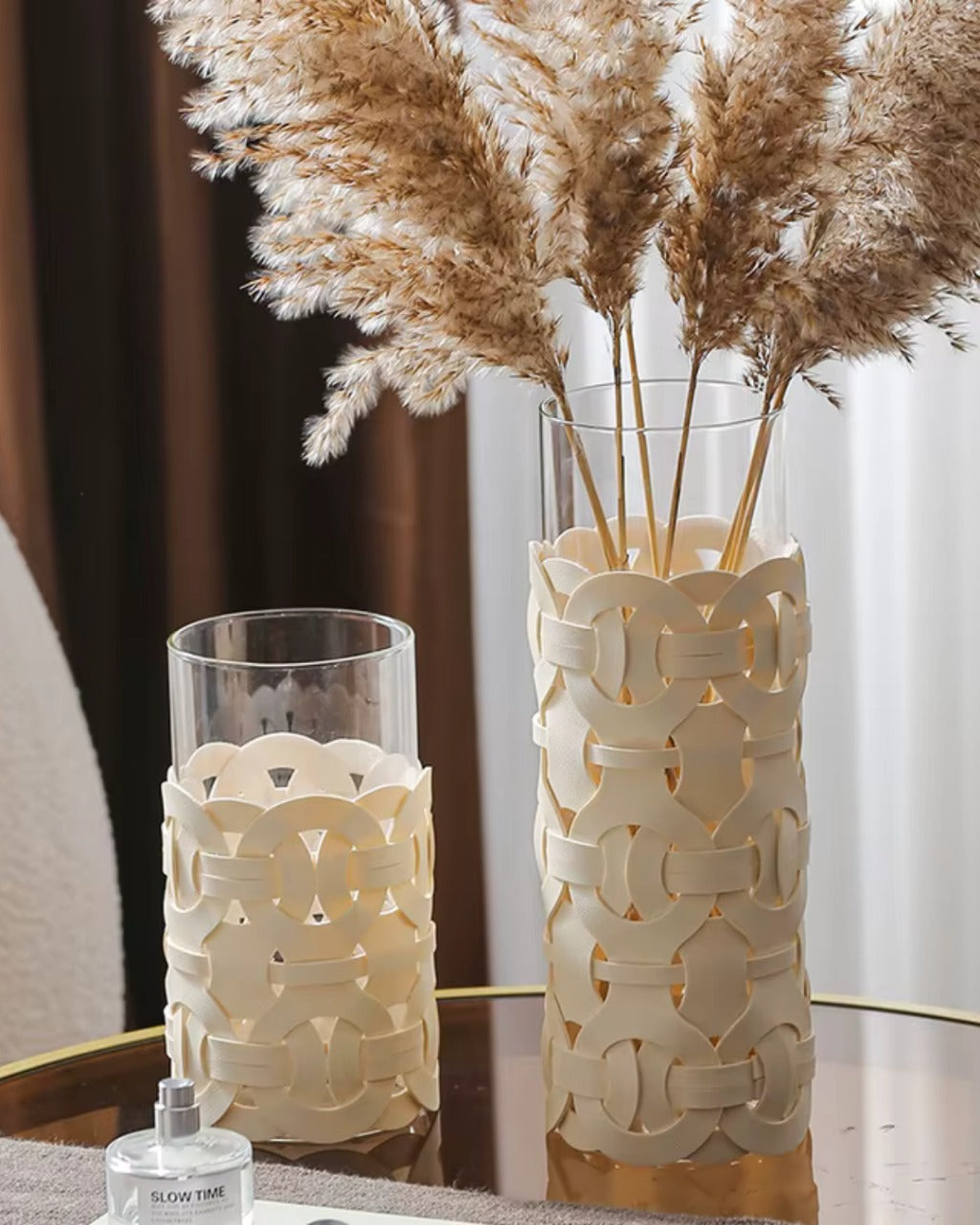 Vaso de Vidro com Couro Trançado Decoração Moderna para Sala ou Mesa
