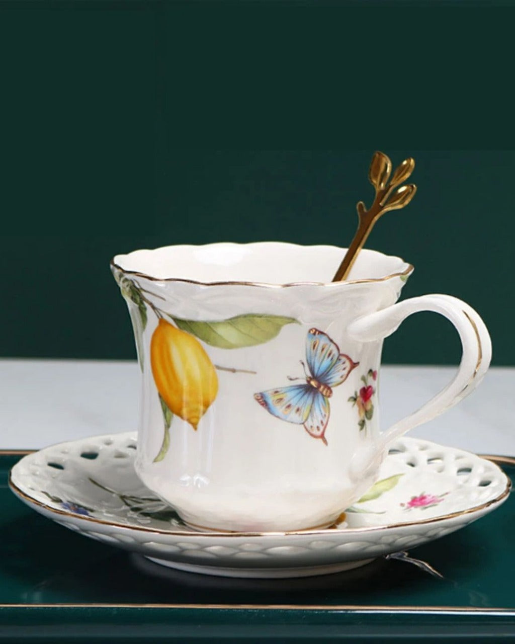 Xícara de Café em Cerâmica com Estampa de Limão Siciliano com 3 peças