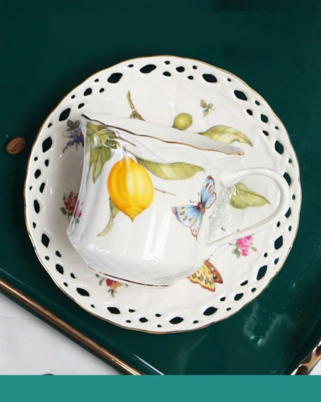 Xícara de Café em Cerâmica com Estampa de Limão Siciliano com 3 peças