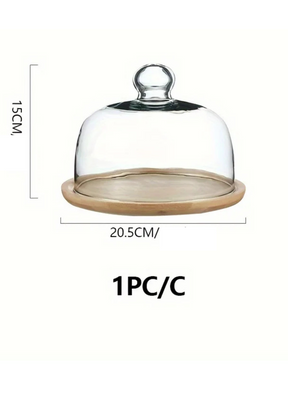 Bandeja de Bolo em Bambu com Tampa de Vidro Decorativa para Sobremesas e Frutas