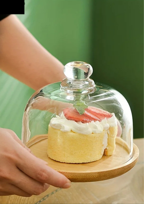 Bandeja de Bolo em Bambu com Tampa de Vidro Decorativa para Sobremesas e Frutas