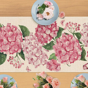 Caminho de Mesa de Linho com Estampa Floral de Hortênsia e Borboletas