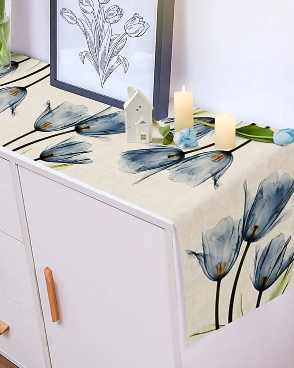 Caminho de Mesa de Linho com Estampa de Tulipa