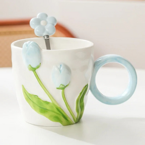 Caneca de Cerâmica Esculpida à Mão de Tulipa Com Colher