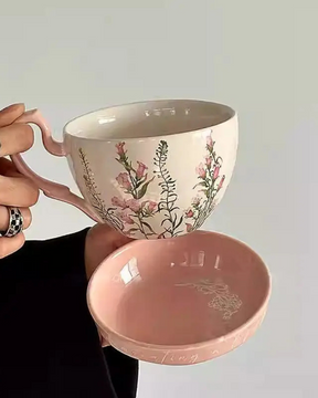 Caneca de Cerâmica com Prato Estilo Retrô 460ml Ideal para Café e Leite