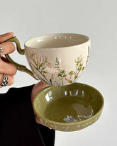 Caneca de Cerâmica com Prato Estilo Retrô 460ml Ideal para Café e Leite