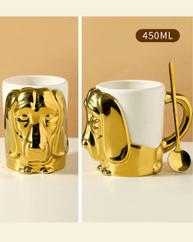 Caneca Criativa Dog 3D em Cerâmica Caneca de Café e Chá com Detalhes Dourados ou Prateados