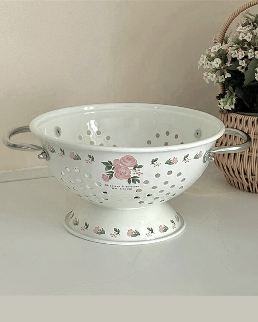 Cesta de Frutas Esmaltada Vintage Rosa Decoração e Armazenamento Elegante