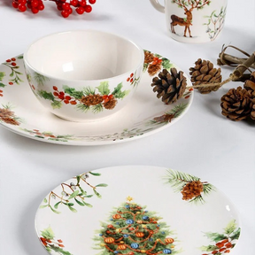Conjunto de Louça Cerâmica Natalina com Pratos, Bowl e Xícaras