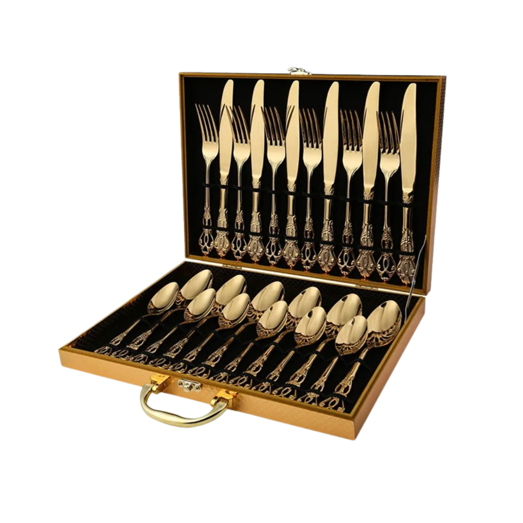 Conjunto de Talheres Luxo Aço Inoxidável 24 Peças Ouro e Prata