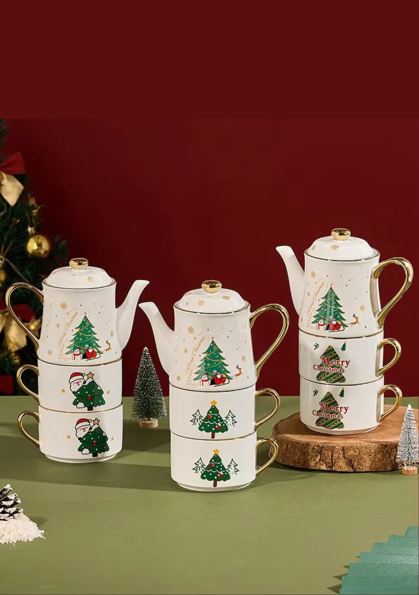 Conjunto de Chá Natalino em Cerâmica