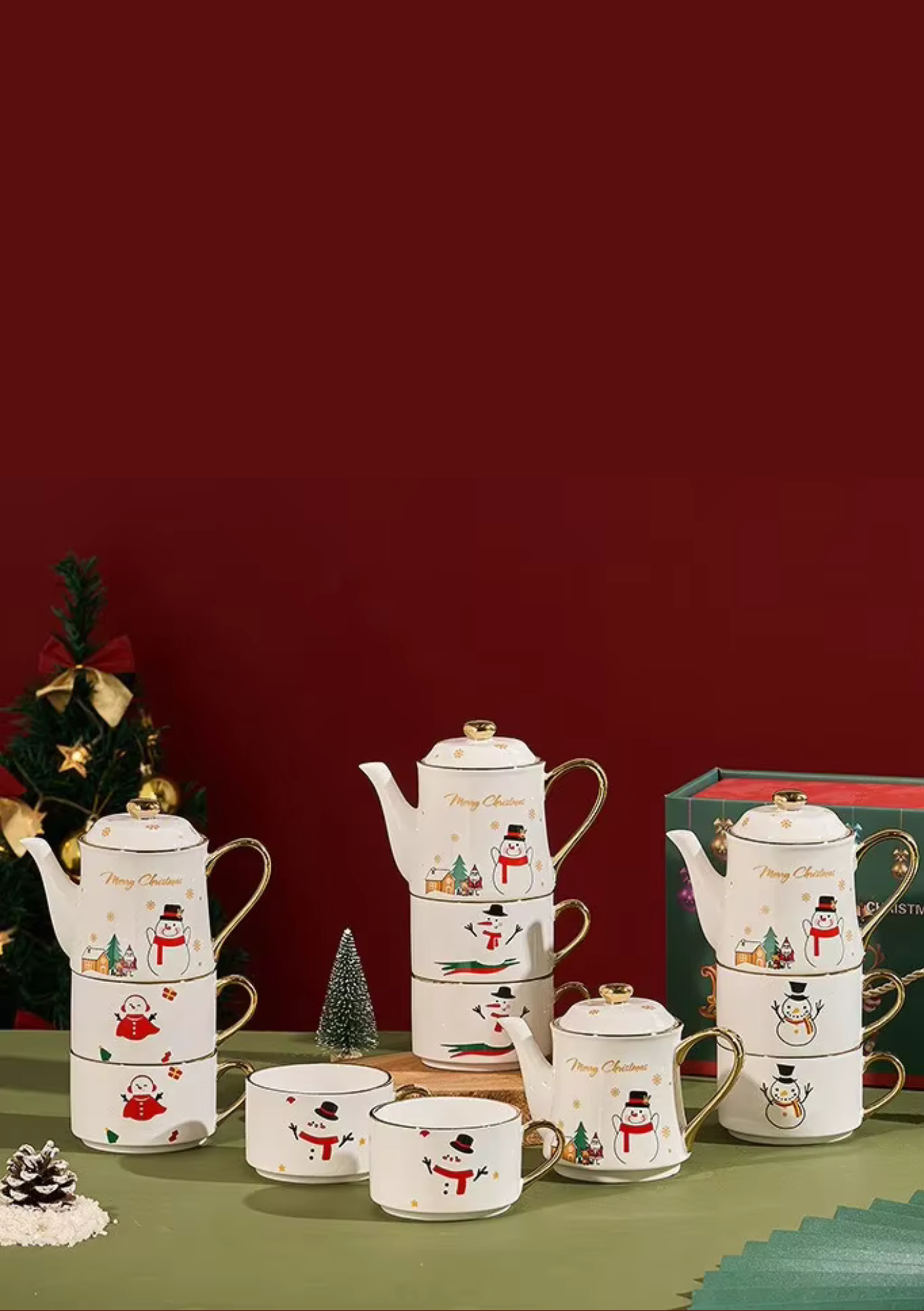 Conjunto de Chá Natalino em Cerâmica