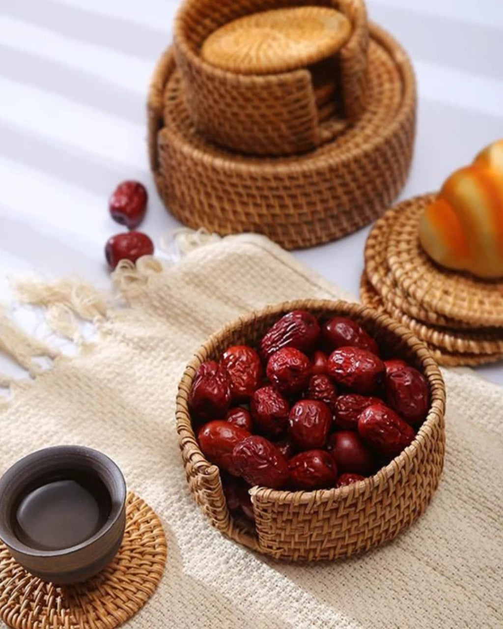 Conjunto de Descansos de Copo de Rattan Natural para Mesa e Cozinha
