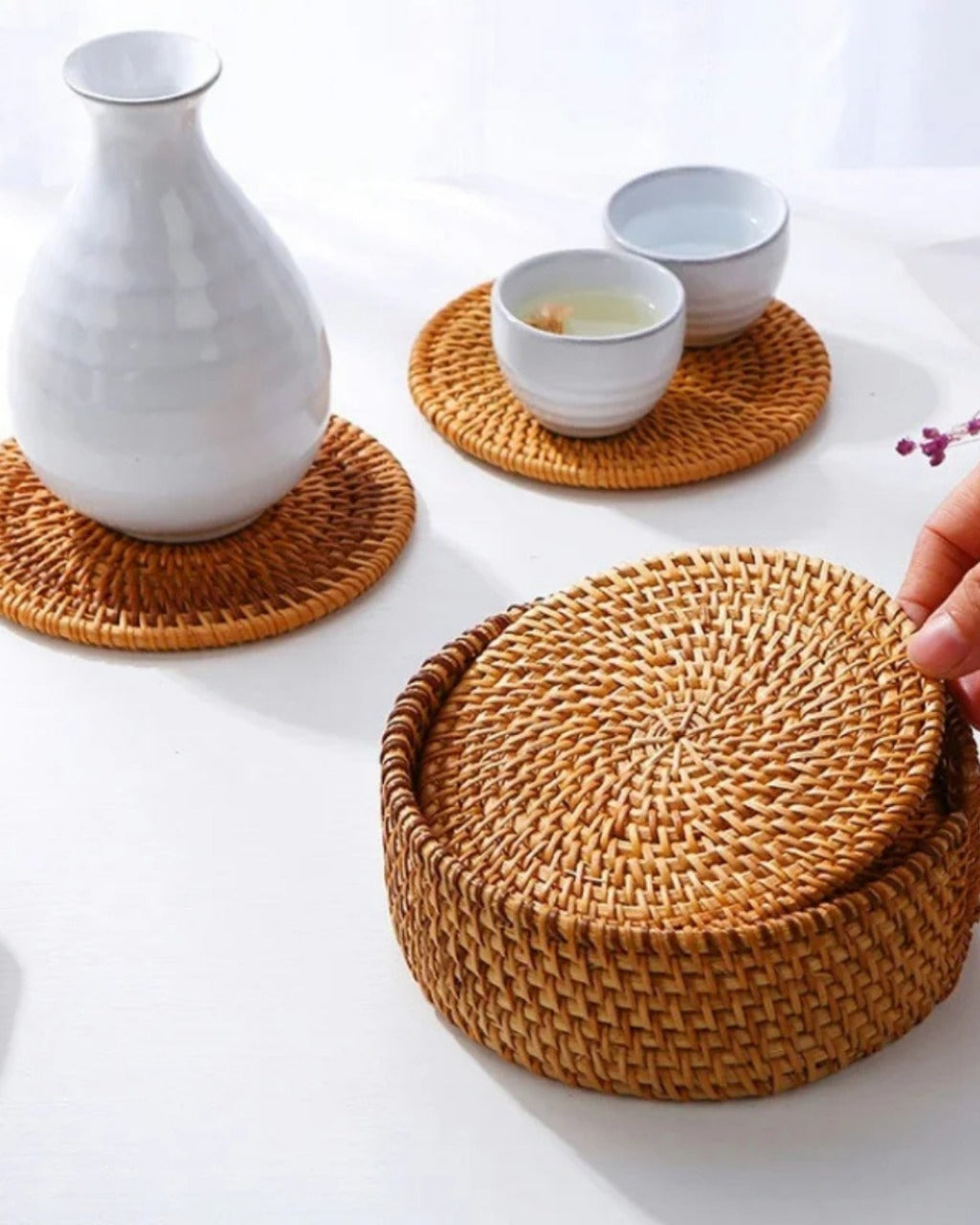 Conjunto de Descansos de Copo de Rattan Natural para Mesa e Cozinha