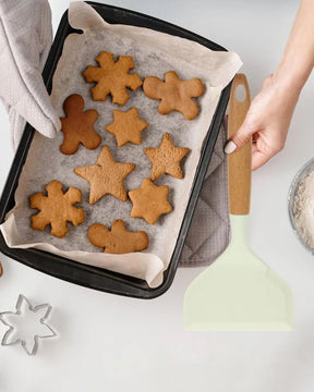 Espátula de Fritar de Silicone Branca com Cabo de Madeira Grande Antiescaldante