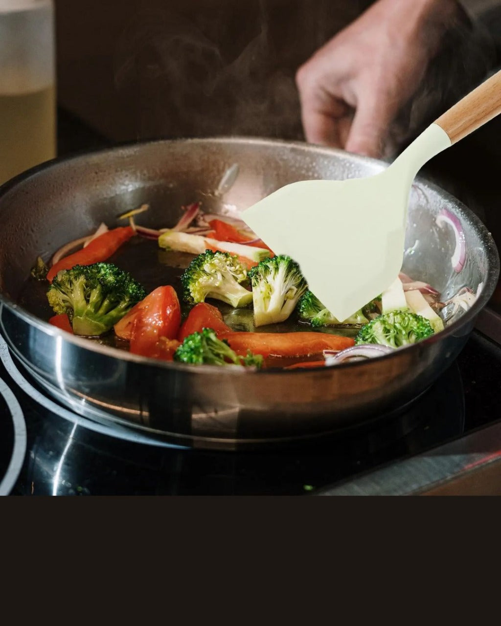 Espátula de Fritar de Silicone Branca com Cabo de Madeira Grande Antiescaldante