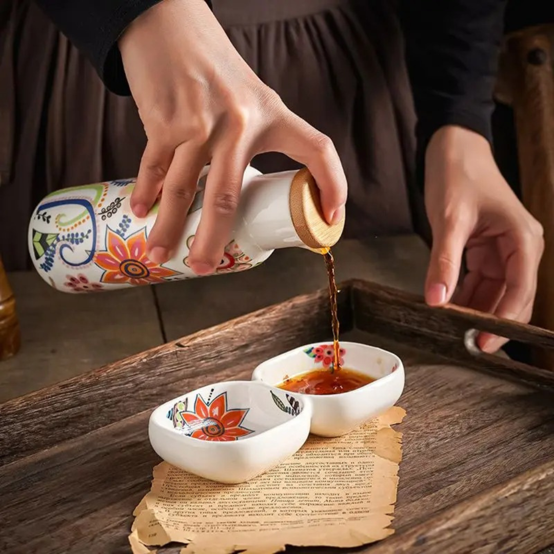 Garrafa de Azeite com Estampa de Flores Vintage em Cerâmica