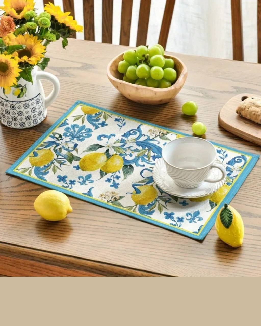 Jogo Americano Azul com Estampa de Limão 4 Peças
