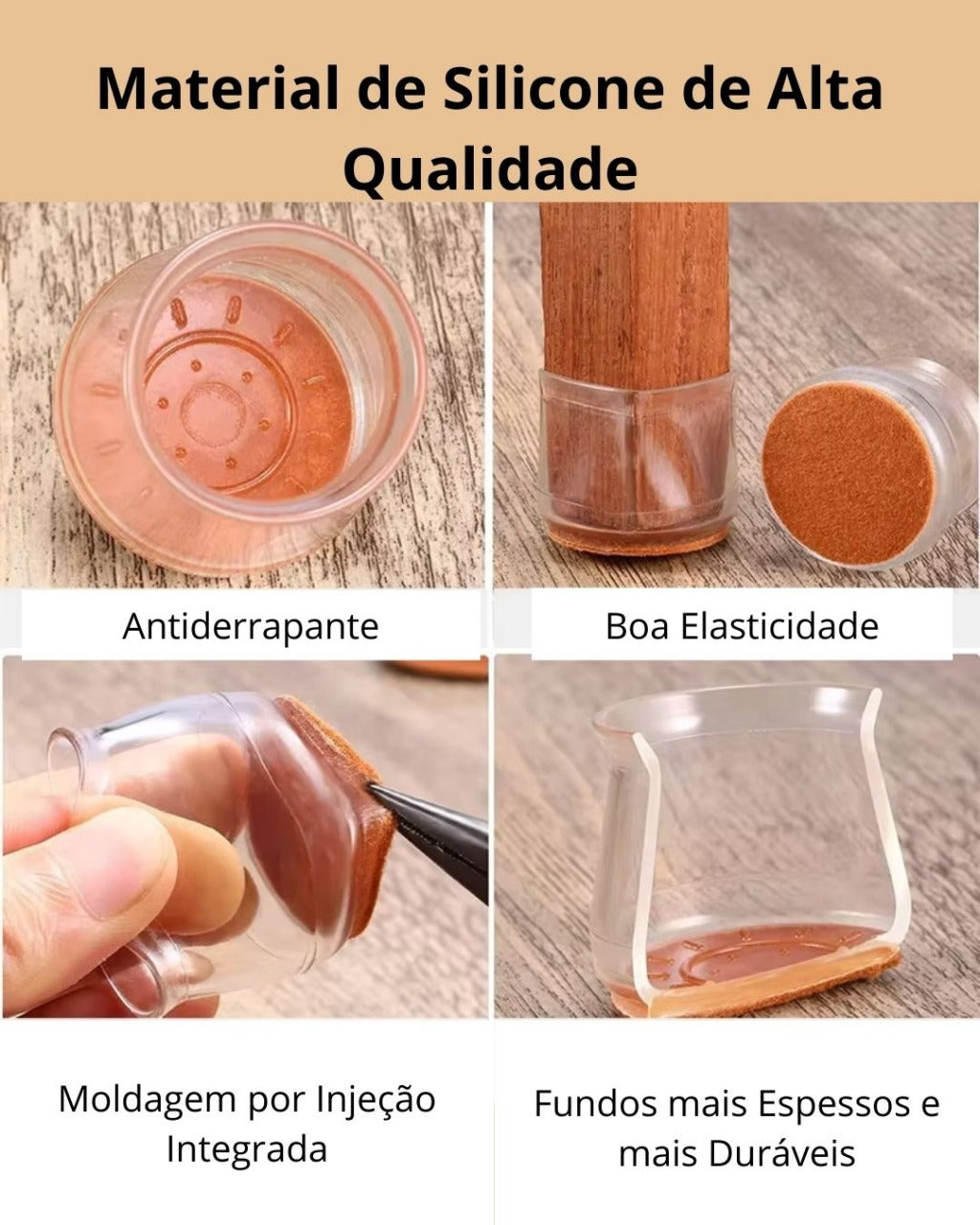Protetores de Silicone para Pés de Cadeira com Feltro 360º  Kit 4 ou 24 Peças