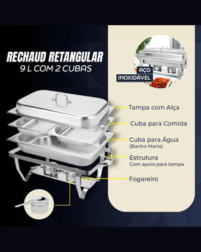 Rechaud Retangular de Aço Inox 9L com 2 Cubas Banho Maria Profissional