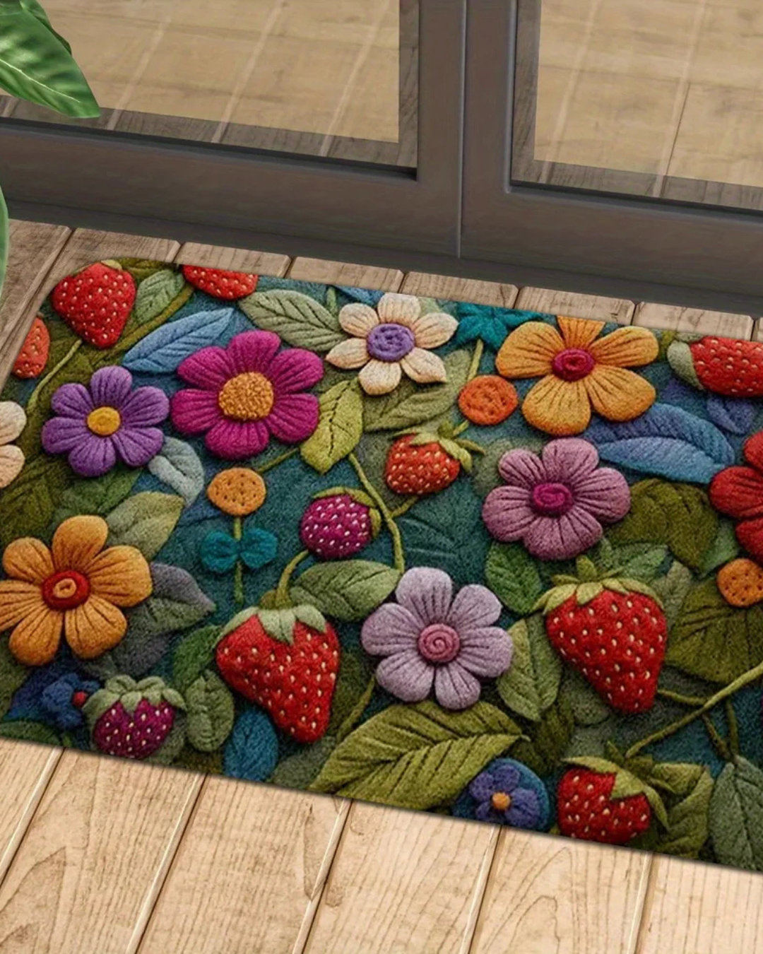 Tapete 3D Morango com Flor Macio, Antiderrapante e Decorativo