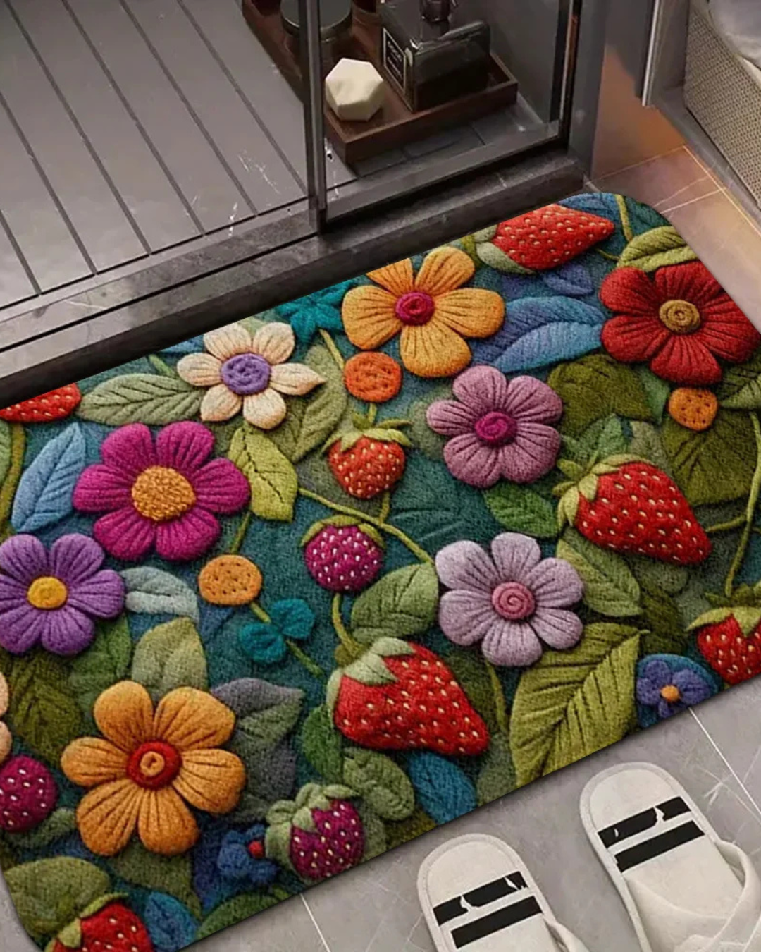 Tapete 3D Morango com Flor Macio, Antiderrapante e Decorativo