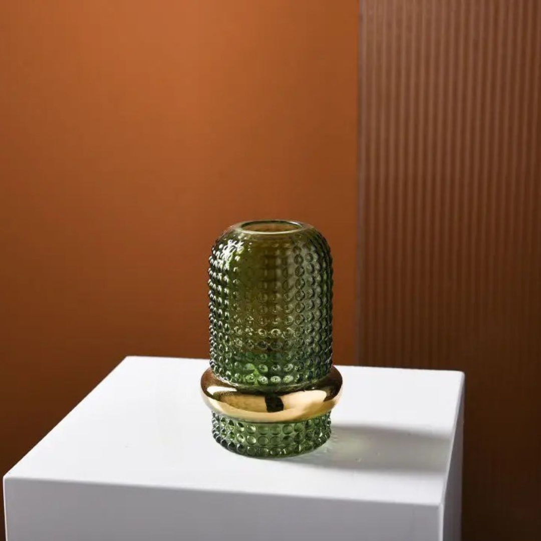Vaso de Vidro Verde Escuro com Borda Dourada