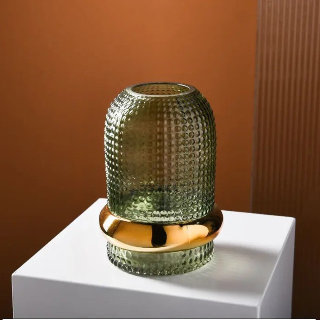Vaso de Vidro Verde Escuro com Borda Dourada